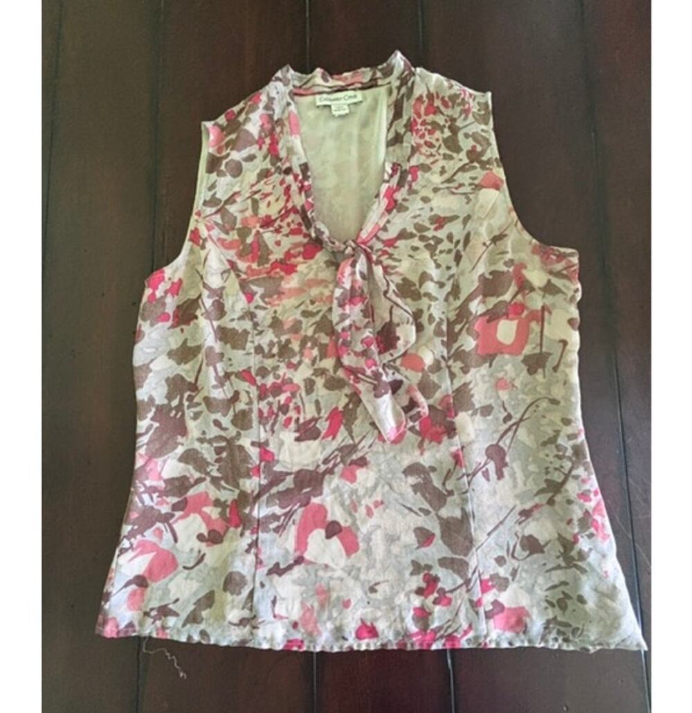 Coldwater Creek Womens M 10-12 Watercolor Floral Tie Neck Sleeveless Blouse